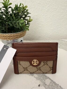 NINE WEST Brown Monogram Card Holder with Gold Accent NWT